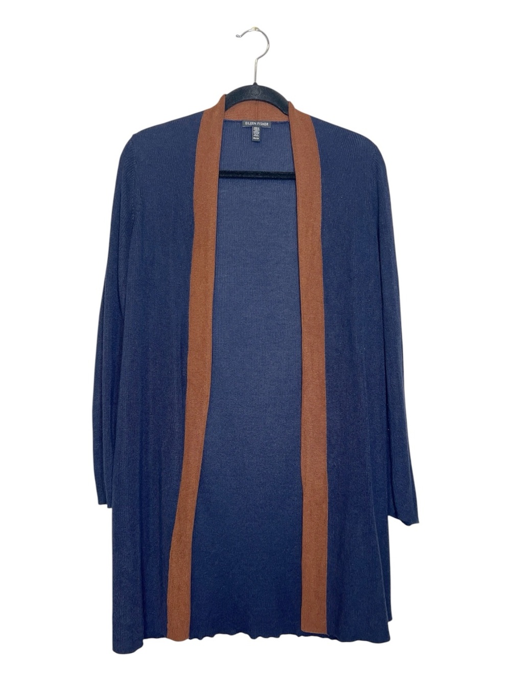 Eileen Fisher Tencel and Silk Navy Blue Duster Cardigan with Brown Trim size XS